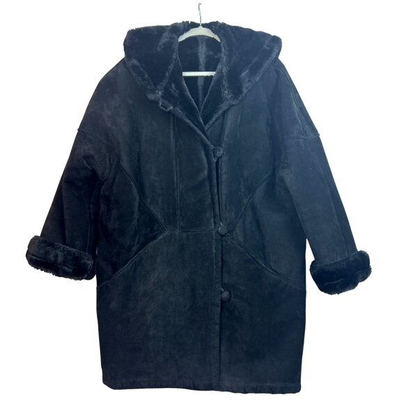 Vtg J.Percy Marvin Richards Women's M Black Suede Faux Fur Lined Coat Hooded 90s - Picture 1 of 14